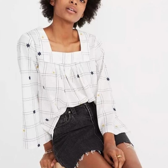 MADEWELL Windowpane Embroidered Boho Square Neck Button Down Blouse SMALL - Picture 1 of 9